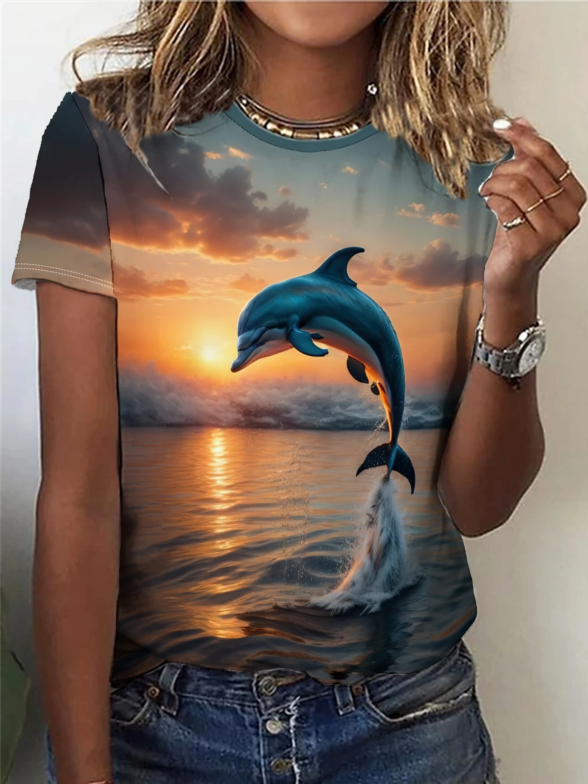 Sunset Dolphin  Print Crew Neck T-Shirt, Casual Short Sleeve Top For Spring & Summer, Women\'s Clothing