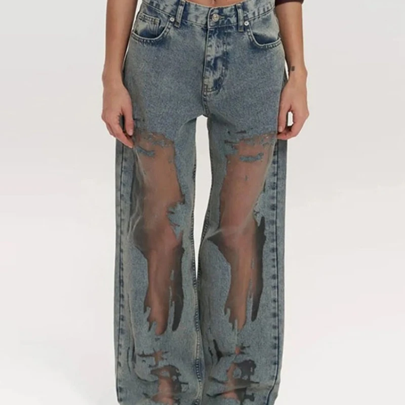 

Y2k American Spice Girl Retro Straight Pants Hollow Design Jeans Loose Wide-leg Pants