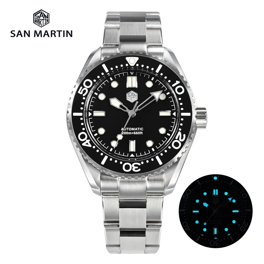 San Martin Men Mechanical Wristwatches Miyota 8215 Automatic Men\'s Watches Stainless Bracelet BGW9 Luminous 200m Waterproof