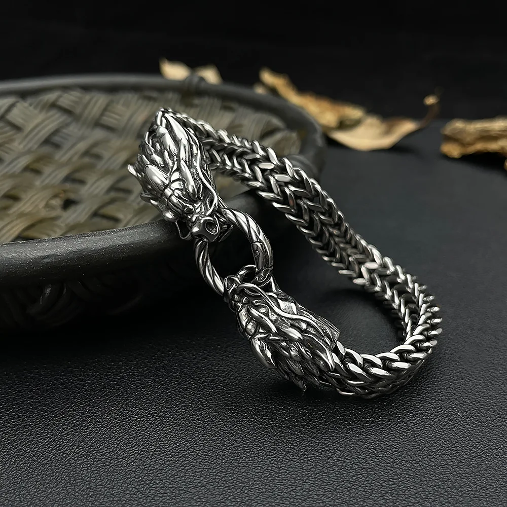 Vintage Vikings Double Dragon Bracelet For Men S925 Sterling Silver Punk Hip Hop Braided Mesh Link Chain Cuff Bangles Luxury