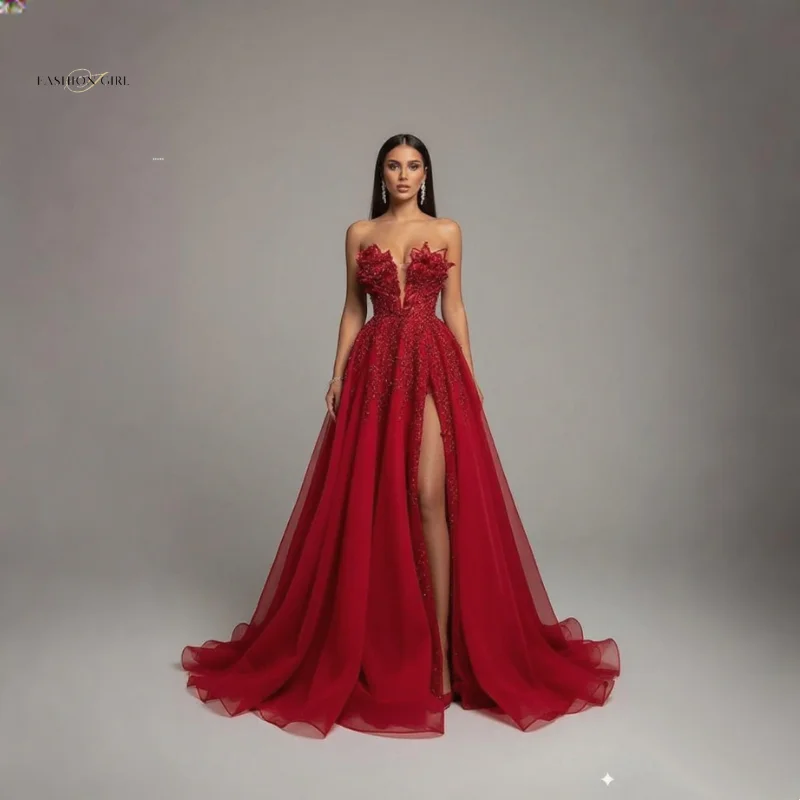 

Red Wedding Guest Dress With Deep V Heart-Shaped Collar Three-Dimensional Flower Sexy High Slit A-Line Skirt Sequins And Mesh