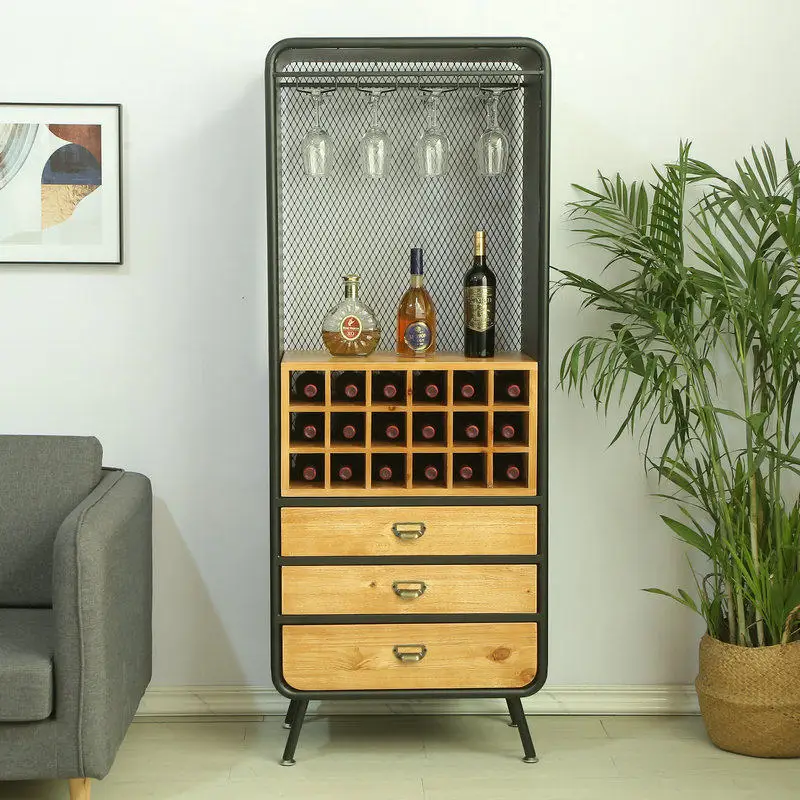 

American wrought iron floor wine cabinet household modern simple light luxury wine rack against the wall solid wood