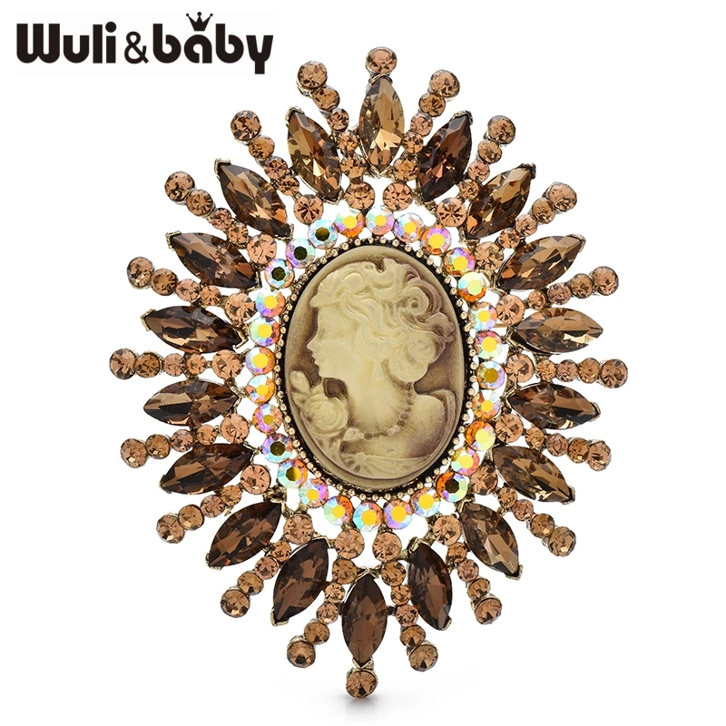 

Wuli&baby Huge Rhinestone Lady Portrait Round Brooches 2-color Big Beautiful Lady Picture Brooch For Women's Winter Clothes Pins