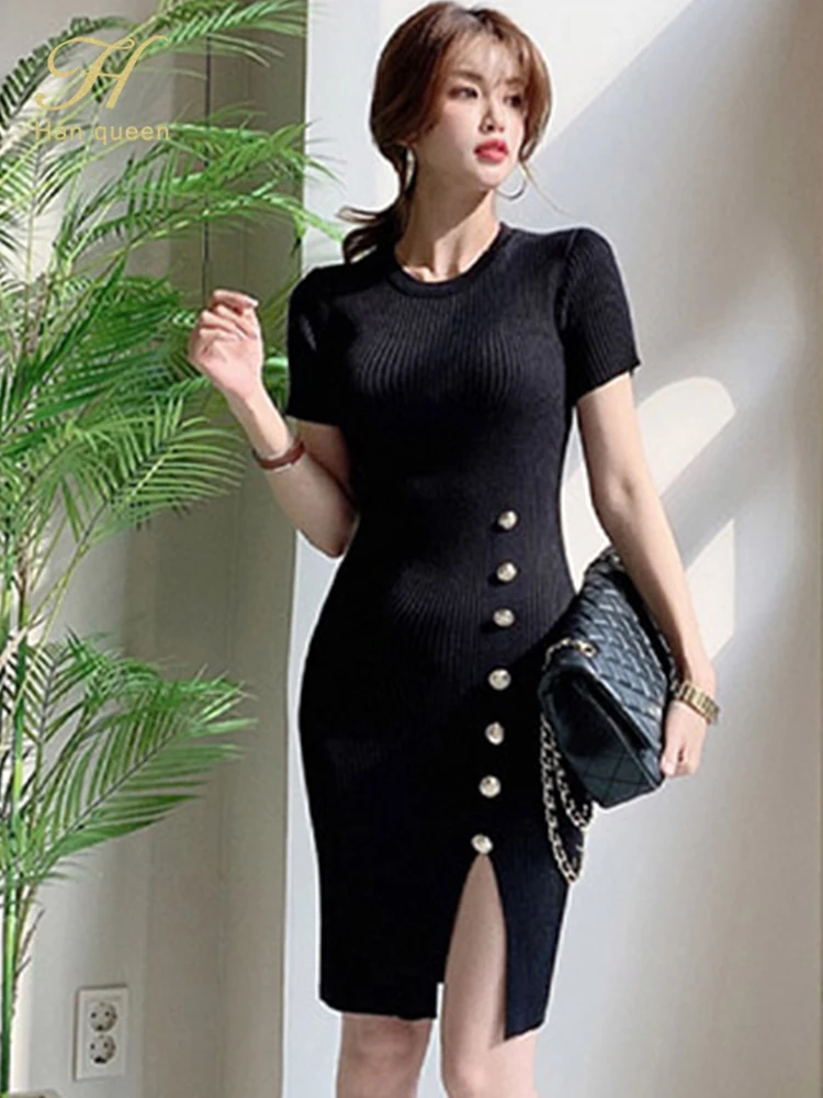 H Han Queen Hot Sale Fashion Button Split Elegant Sheath Bodycon Pencil Dress Office Party Dresses Elasticity knitted Vestidos