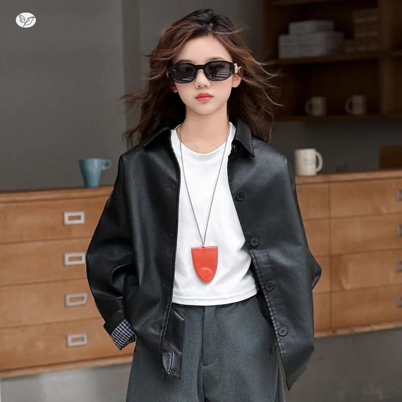 

Пальто из искусственной кожи для девочек, весна-осень 202, корейская модная повседневная однобортная куртка с отложным воротником в стиле пэчворк