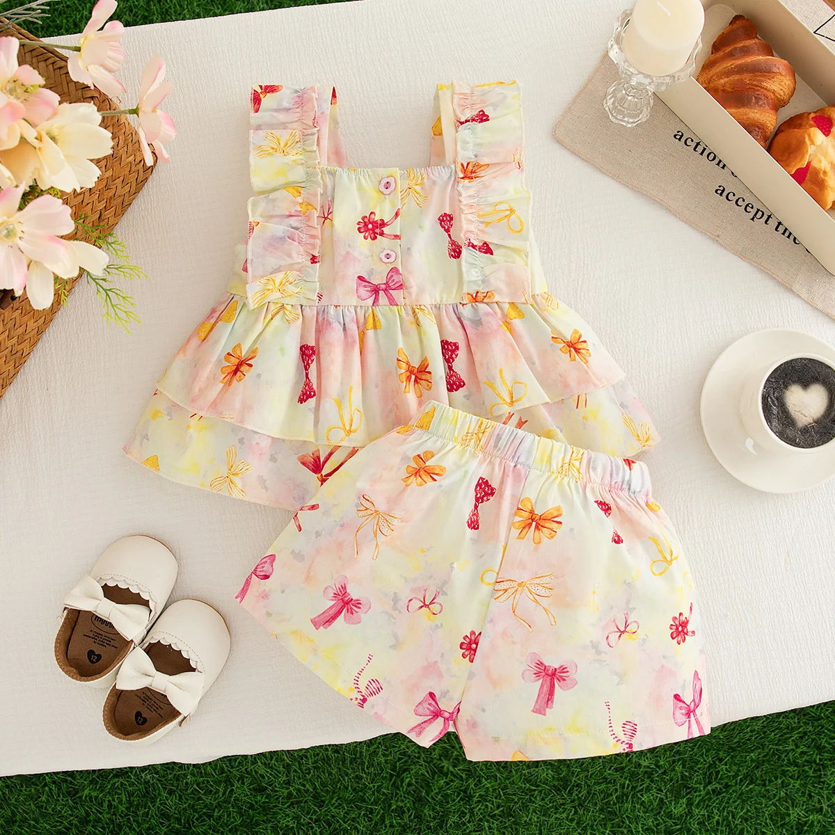 2pc/Set Baby Girl Set Summer Bow Cherry Top Shorts Children's Clothing Cute Beach Baby Set