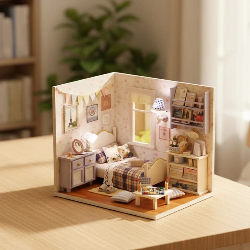 

Мебель для спальни, сборная 3D-модель-конструктор, детские игрушки для девочек, уютный маленький домик, полный солнечного света, деревянная модель для самостоятельной сборки