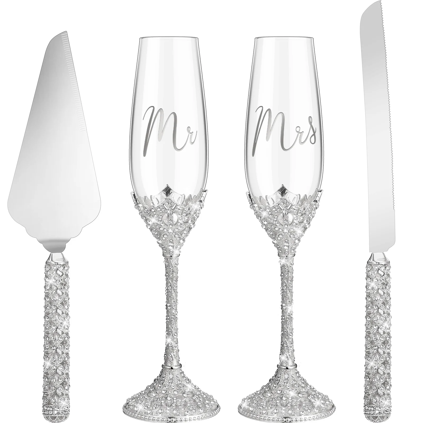 

2 Champagne Glasses, Glass Champagne Glasses, Accompanied by 1 Cake Knife and 1 Set of Tableware, Wedding Party (Silvery)