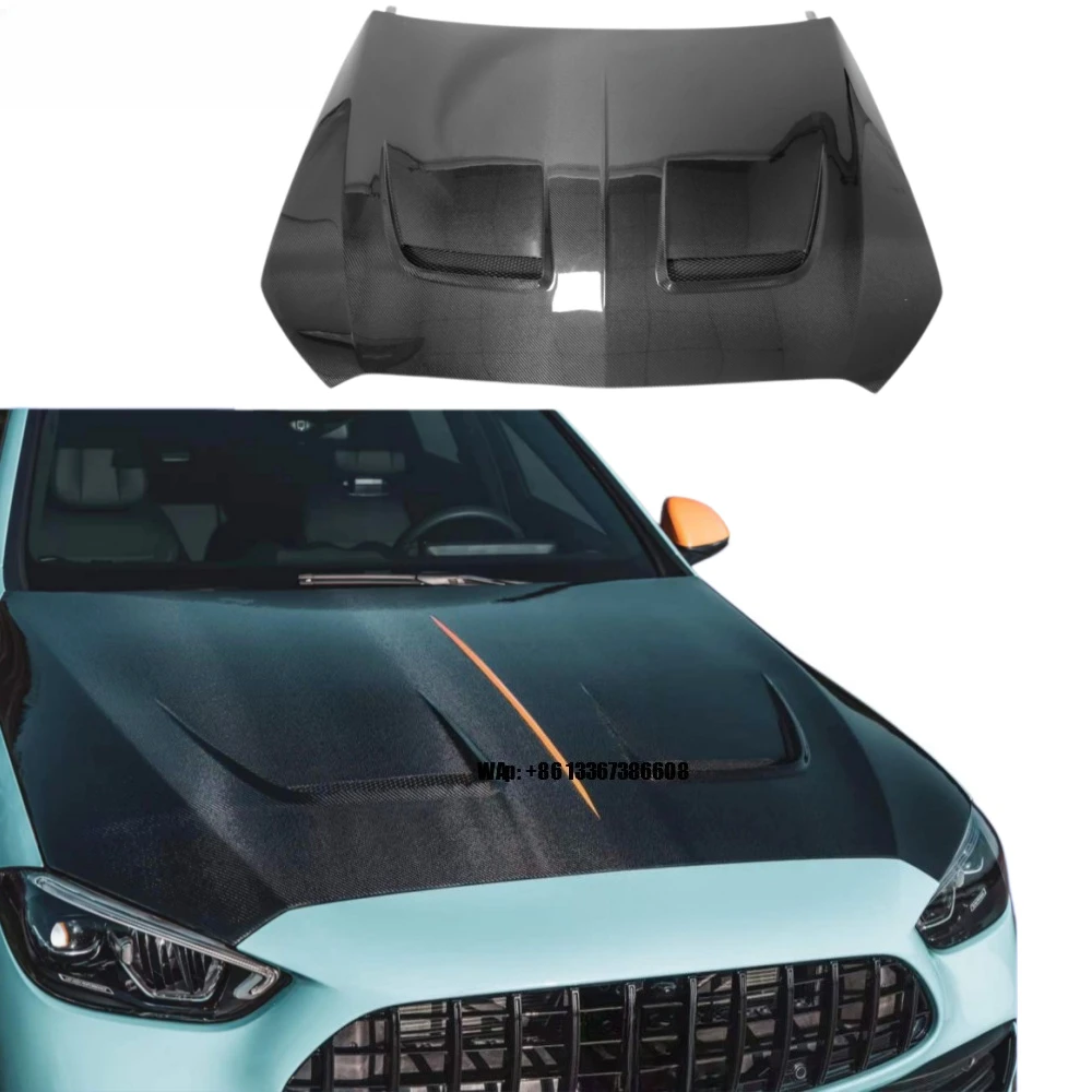 

High Quality New Wet Carbon Fiber Bolt-On Engine Hood with Dual Vents and Bolts for C-Class W206