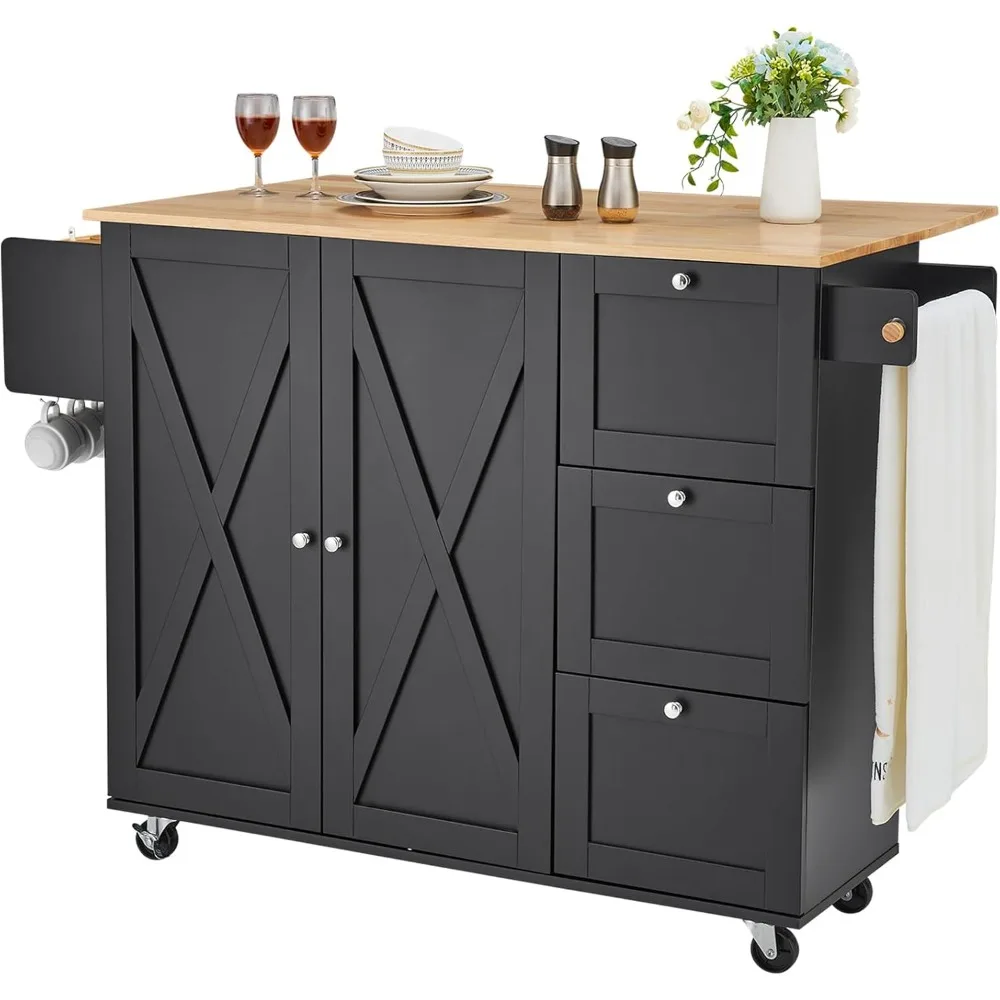 

"Portable Kitchen Island with Drop Leaf Table, Spice Storage, Towel Holder, Adjustable Shelves, Drawers, and Hooks"