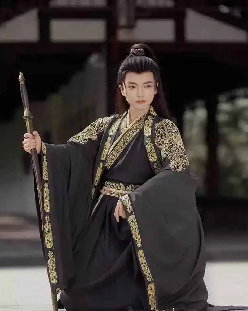 Unisex Hanfu ชายจีนแบบดั้งเดิมเย็บปักถักร้อย Black & White Hanfu Tang ชุดเสื้อ + กระโปรง + เสื้อคอสเพลย์เครื่องแต่งกาย PLUS ขนาด 2XL