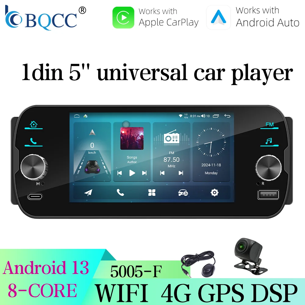 BQCC Android 13 1Din 5 ''reproductor multimedia Universal para coche CarPlay inalámbrico Android Auto Radio estéreo WiFi GPS 4G BT reproductor Multimedia