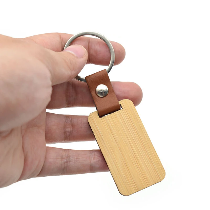 100Pcs Blank Bamboo Keychain Leather Key Chain Rectangle Key Tag for Souvenir Gift