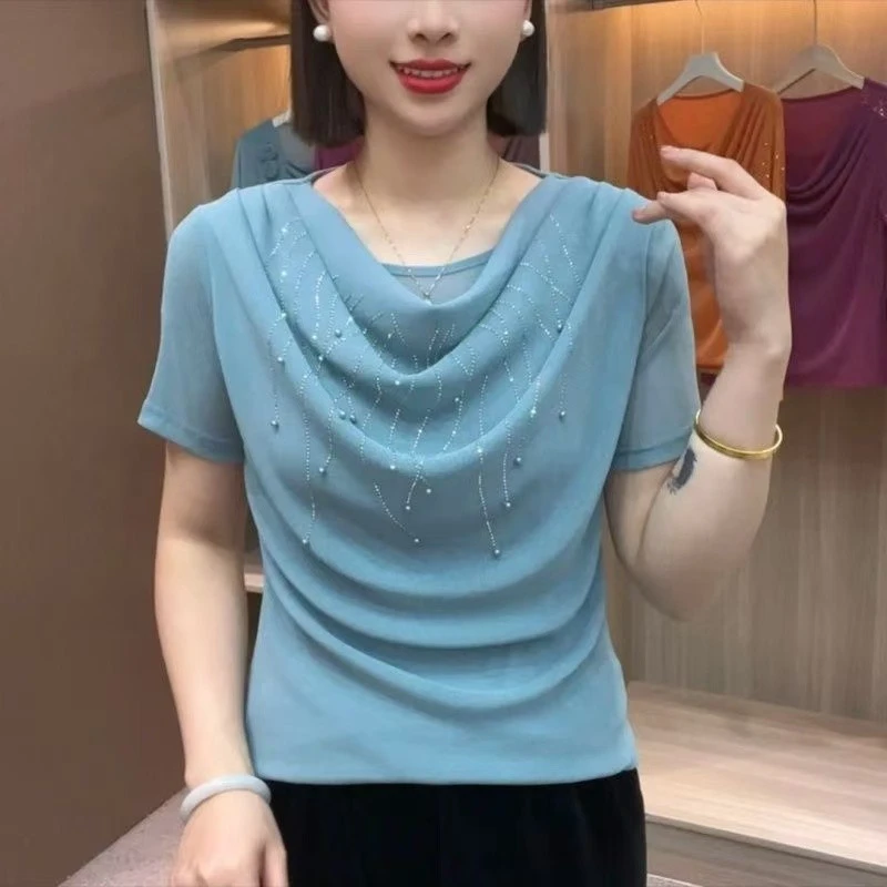 Summer Short Sleeved Women's Clothes Simple Three-Dimensional Flower Solid Color Bright Silk Mesh bead Tops Women's T-Shirt