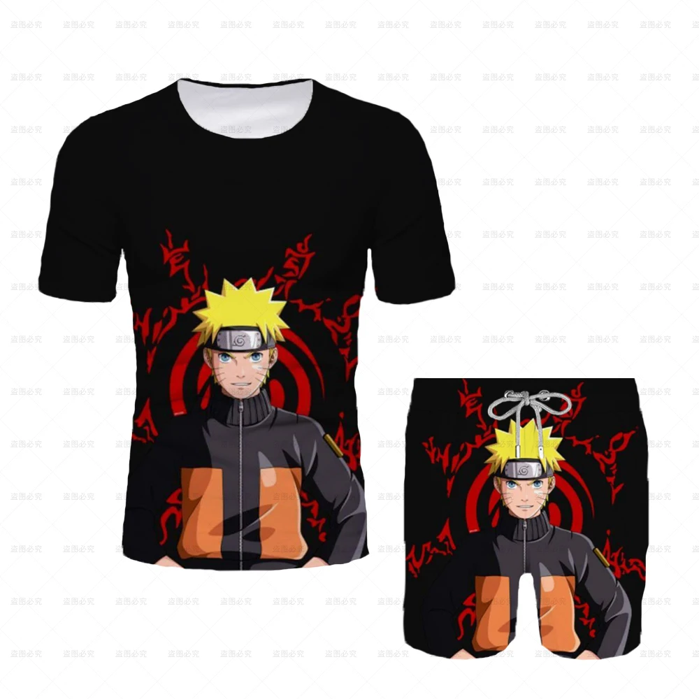 

New 2025 Japanese Cartoon Naruto T-shirt Adult Men Top T-shirt Shorts Two-piece Set Summer Boy Cartoon Cute T-shirt+beach Pants