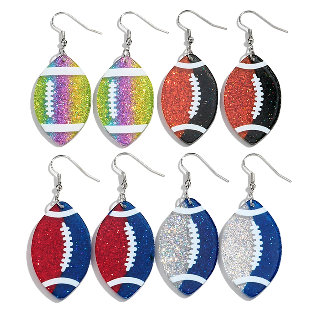 Creative Glitter Acrylic Colorful Football Rugby Drop Earrings Novelty Geometric Oval Pendant Earring Jewelry Gifts for Women