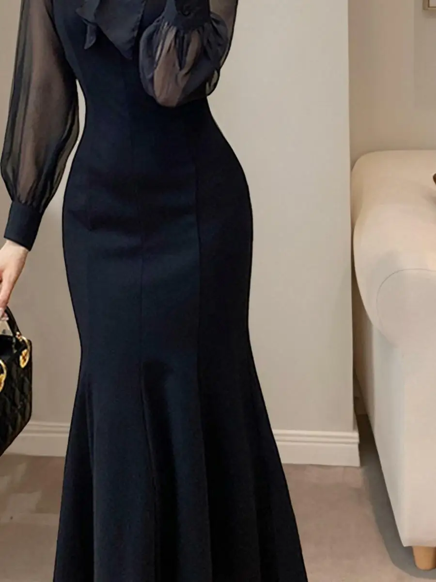 Ele Bla Fi Tail Dr High Waist A-Line Skirt Long Sve Vintage Sle Formal Gown Spring New Arrival Women's Faion