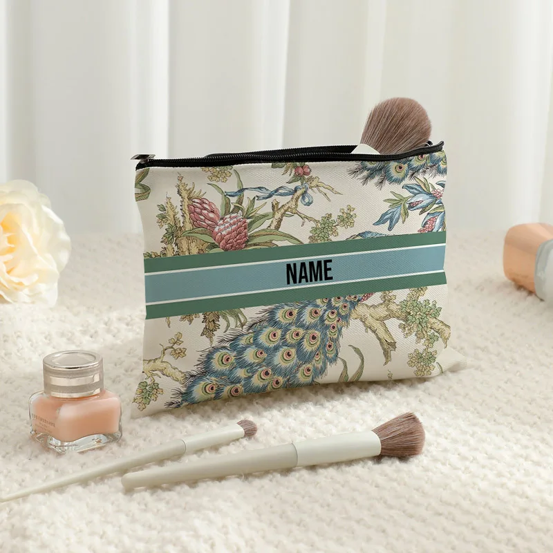 Customized French Toile De Jouy with Peacock Retro Pattern Makeup Cosmetic Bag Personalized Wedding Purse Bridesmaid Gifts Pouch 5