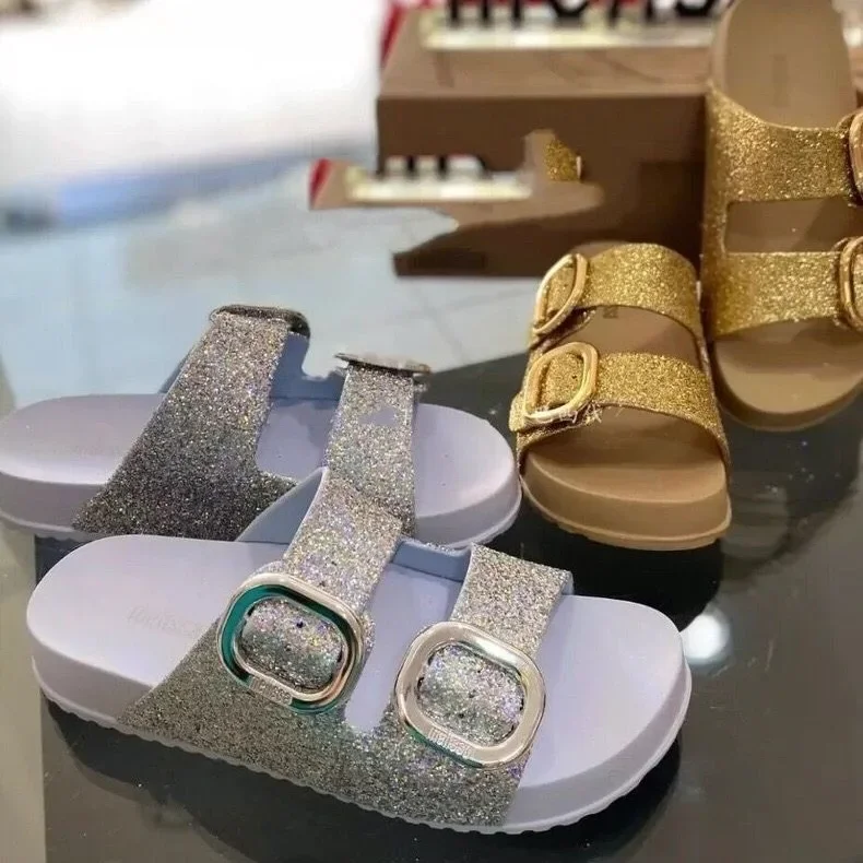 2024 New Melissa Women's Casual Jelly Shoes Thick Sole Wide Face Double Buckle Sequinized Sandals EVA Material China Origin