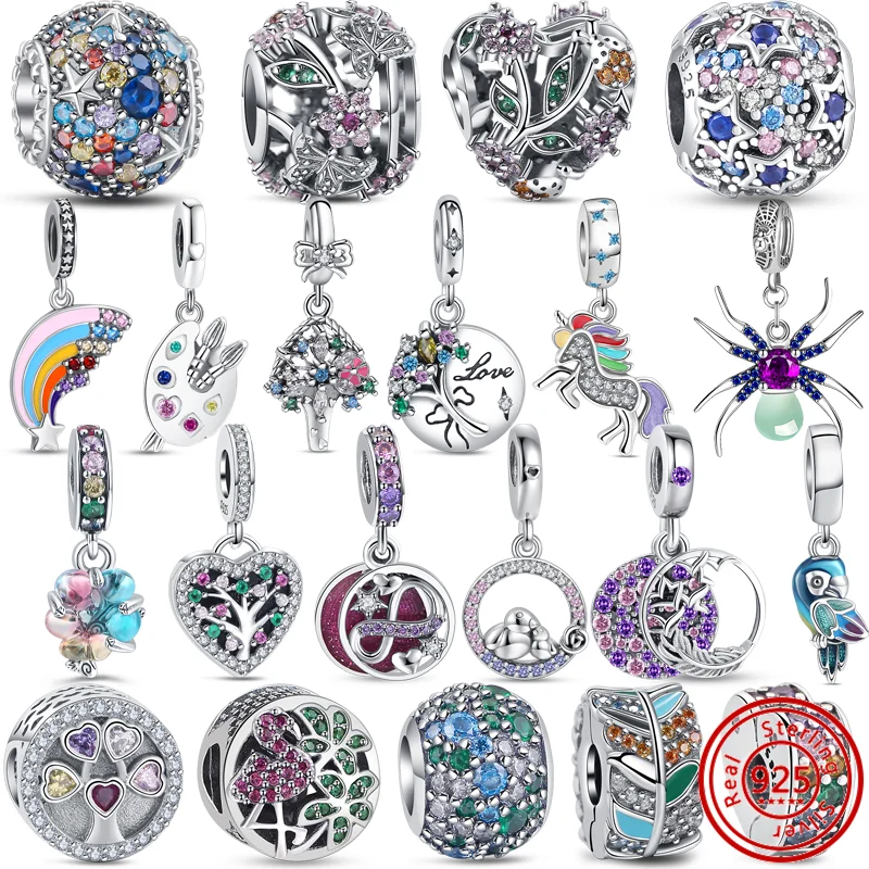 

925 Silver Colorful Rainbow Tree Leaves Flowers Palette Magic Unicorn Dangle Beads Fit Original Pandora Charms Bracelets Jewelry