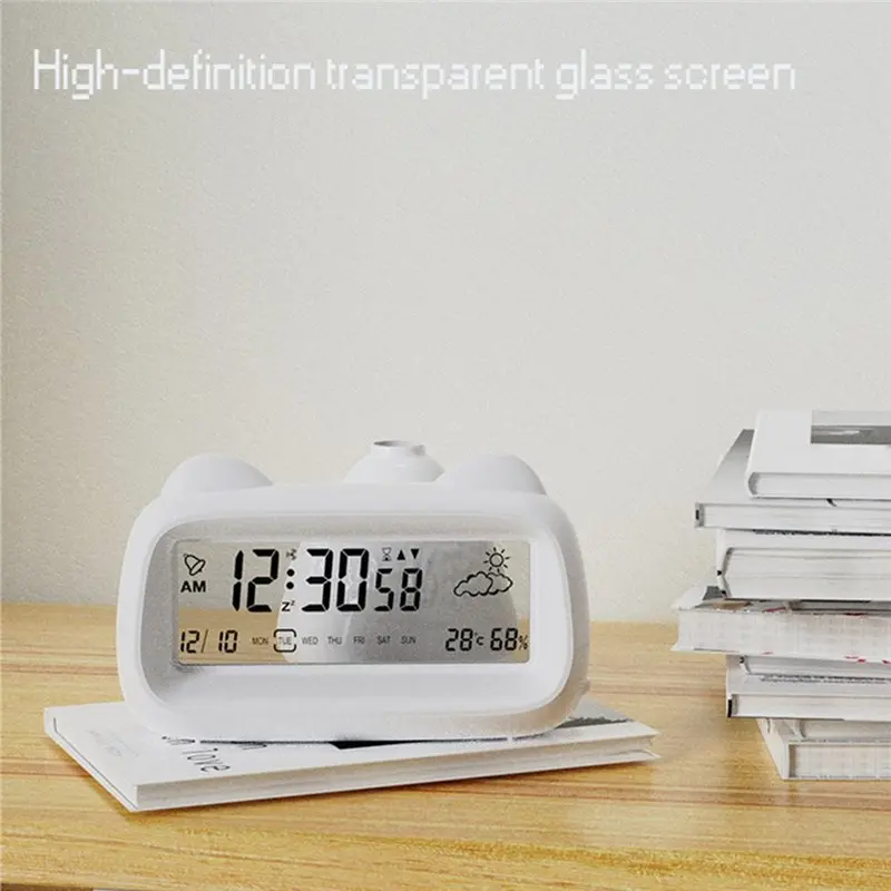 A20F-Digital Alarm Clock Display With Week Temperature Humidity Backlight Cat Shape For Kids Adults Bedside Battery Powered