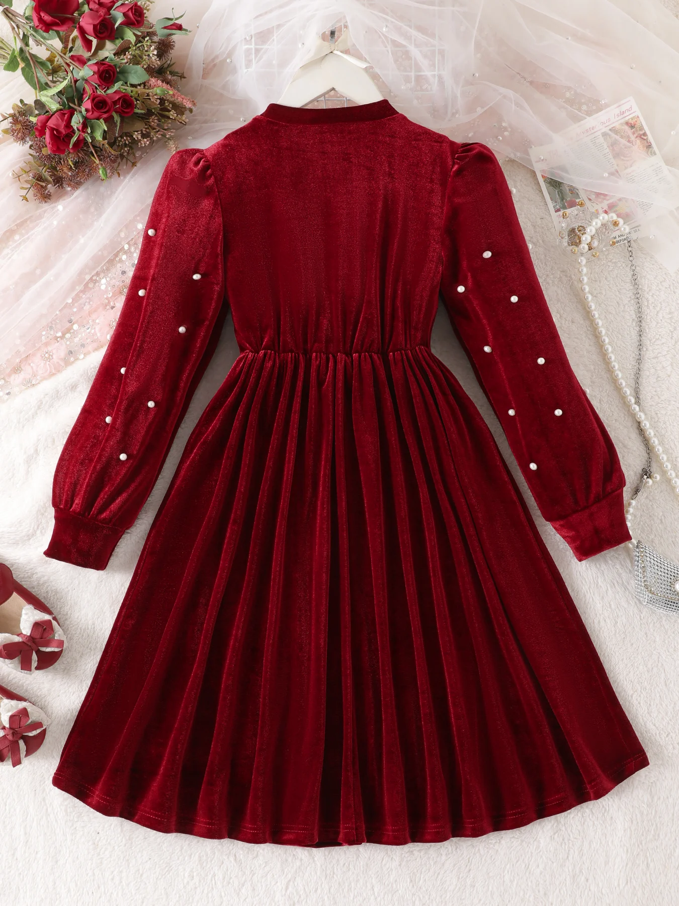 Girls' Spring & Summer Long Sleeve Single Dress, Red with Tulle Design and Pearl Embellishments on the Waist
