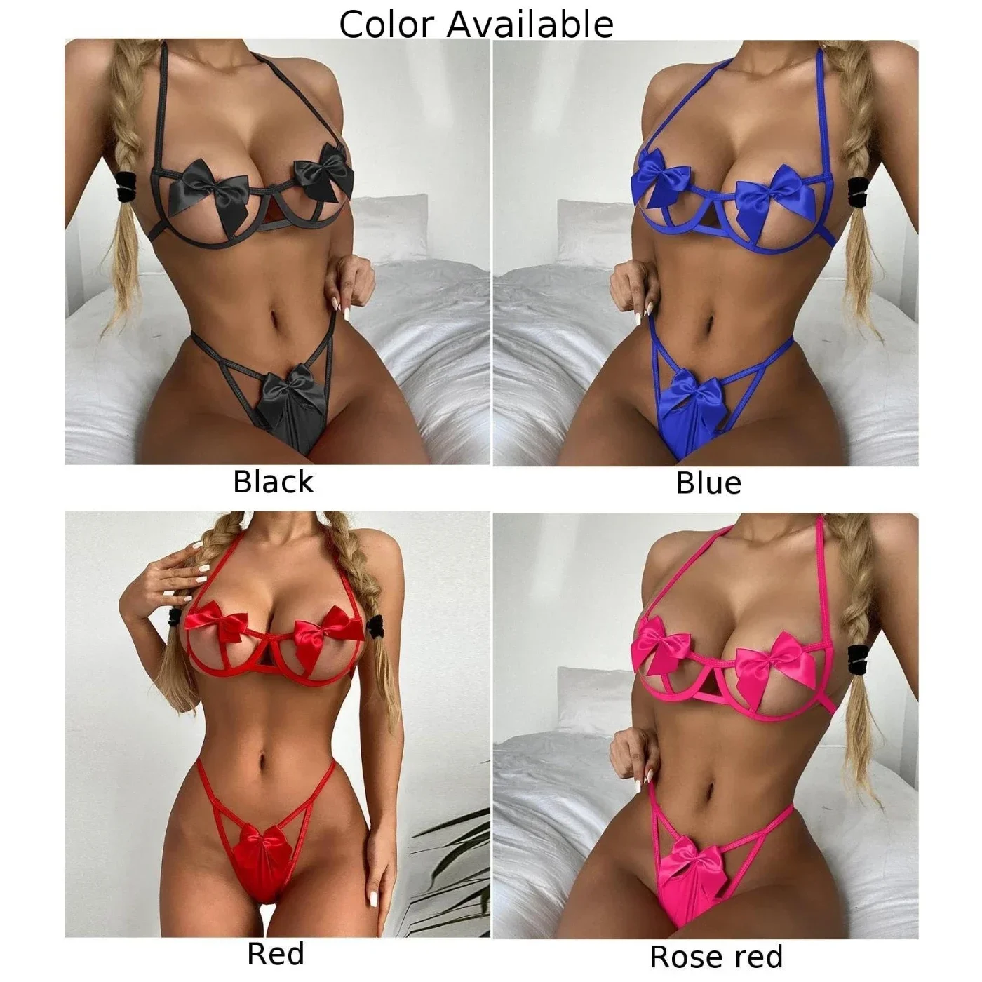 Sexy Lingerie Women Underwired Bra Thong Bow Bikini Hollow Three-Point Erotic Underwear Sexy Bra And Bottom Intimate