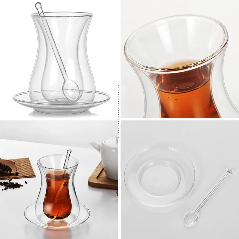 Coffee Cup Set With Saucer And Glass Spoon Heat Preservation Double Glass Transparent Black Tea Cup Household Tea Cup