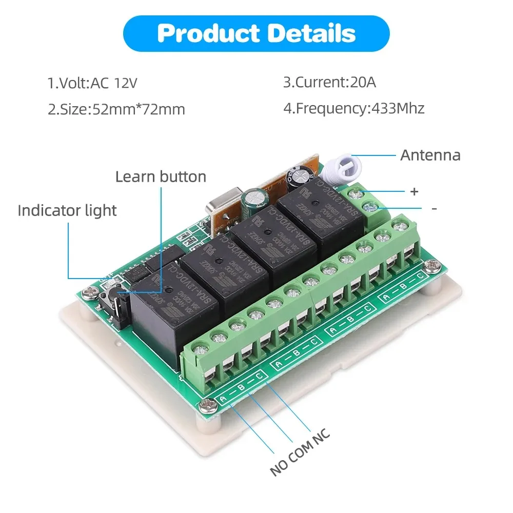 433MHz Remote Control Long Range 1000m Wireless Transmitter DC12V 4CH RF Receiver Universal For Garage/Gate/Motor/Light/Lamp