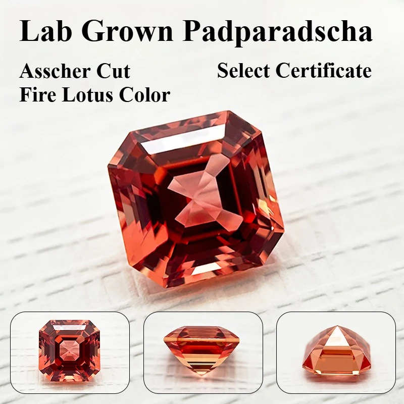 Laborgezüchteter Padparadscha-Asscher-Schliff Feuer-Lotus-Farbe Hochglänzender Loser Edelstein für Schmuckherstellung mit Ausgewähltem Zertifikat – Detail 1