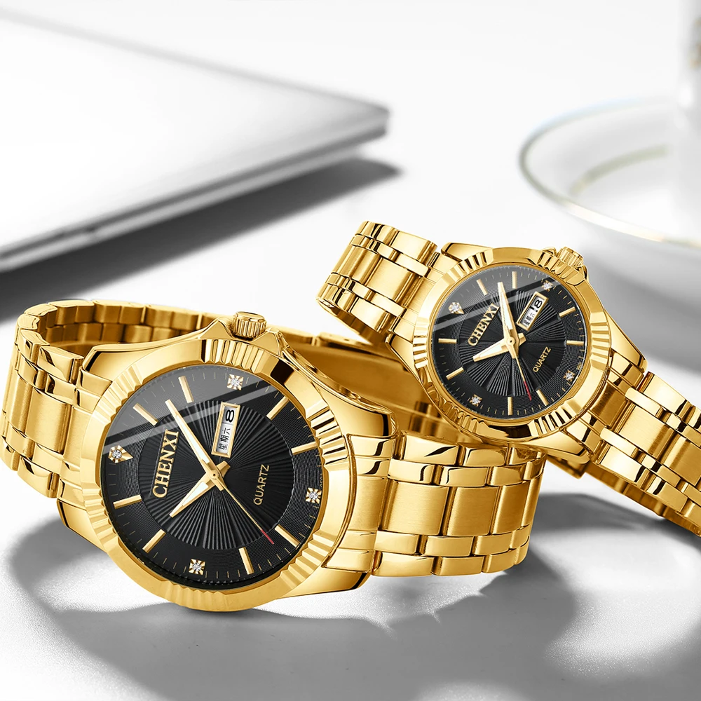 CHENXI Mens Womens Watches Classic Stainless Steel Quartz Watch Fashion Luxury Golden Men Waterproof Business Wristwatch