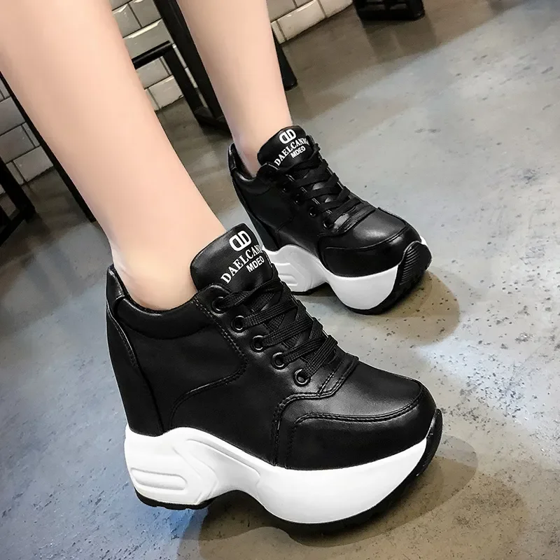 New Women\'s Ankle Boots Autumn Leather Chunky Shoes Woman Platform Height Increased Sneakers 10CM Thick Sole Wedges White Boots