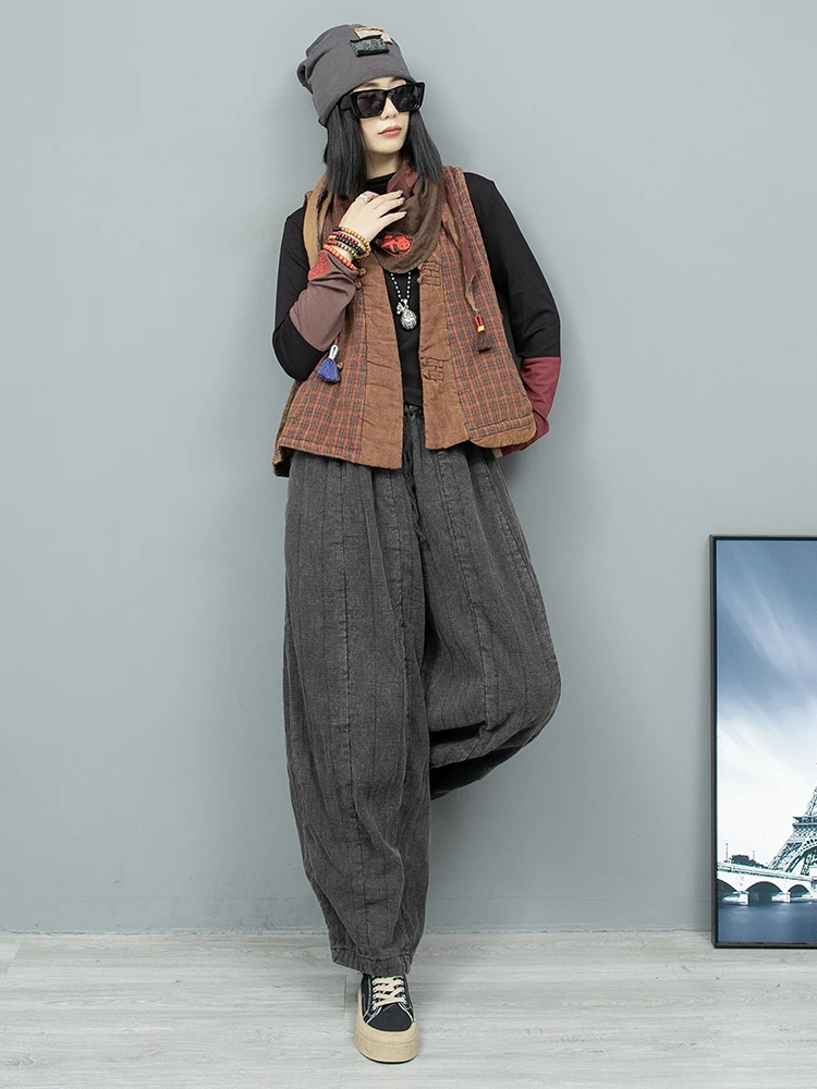 Ethnic Style Retro Literary Plaid Buckle Vest Elastic Waist Wide Leg Pants Two-piece Set Women's Autumn And Winter Fashion Suit