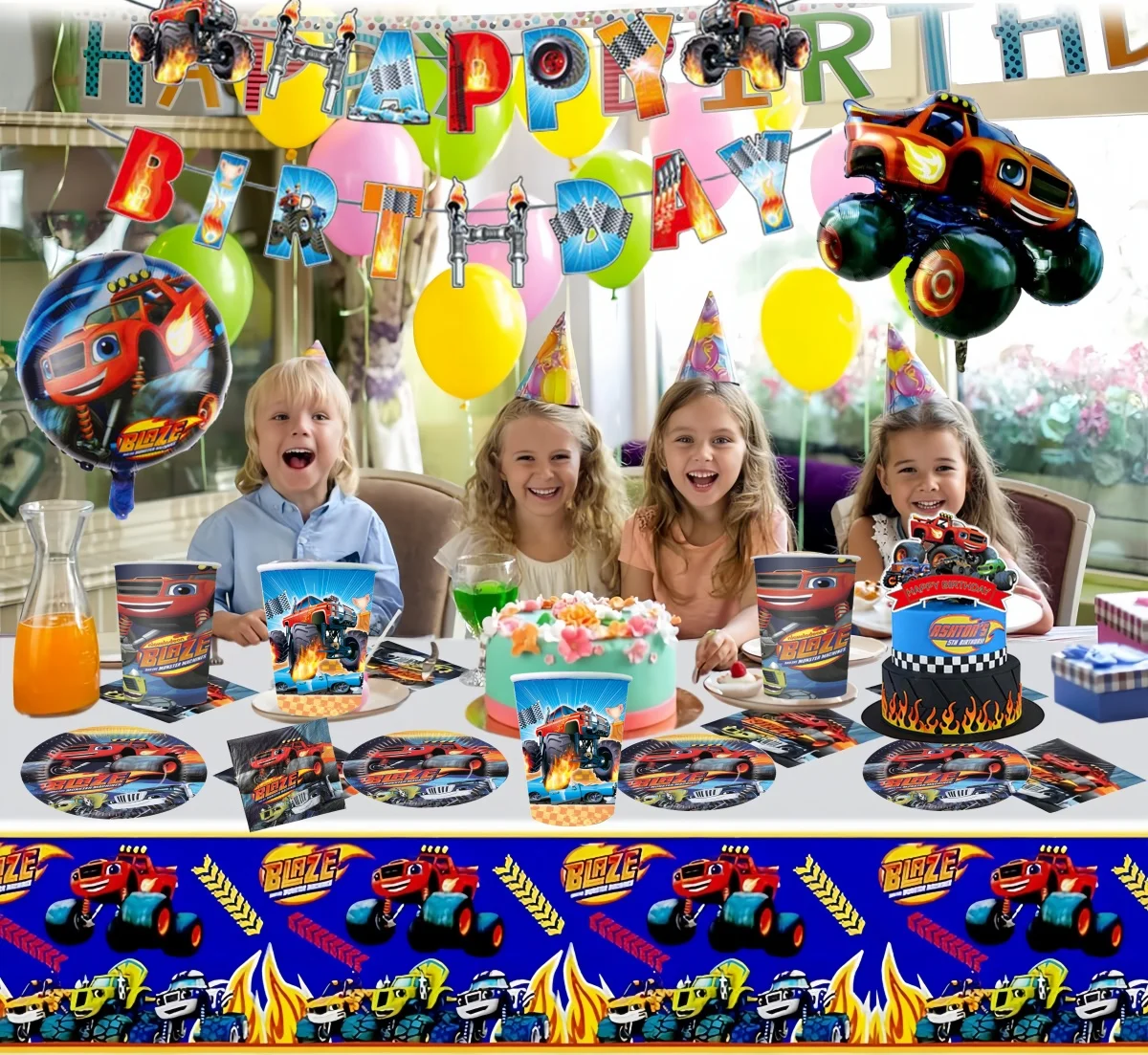 Blaze และ Monster Machines วันเกิดตกแต่งทิ้งบนโต๊ะอาหารกระดาษแบนเนอร์ Baby Shower Kids Party Supplies