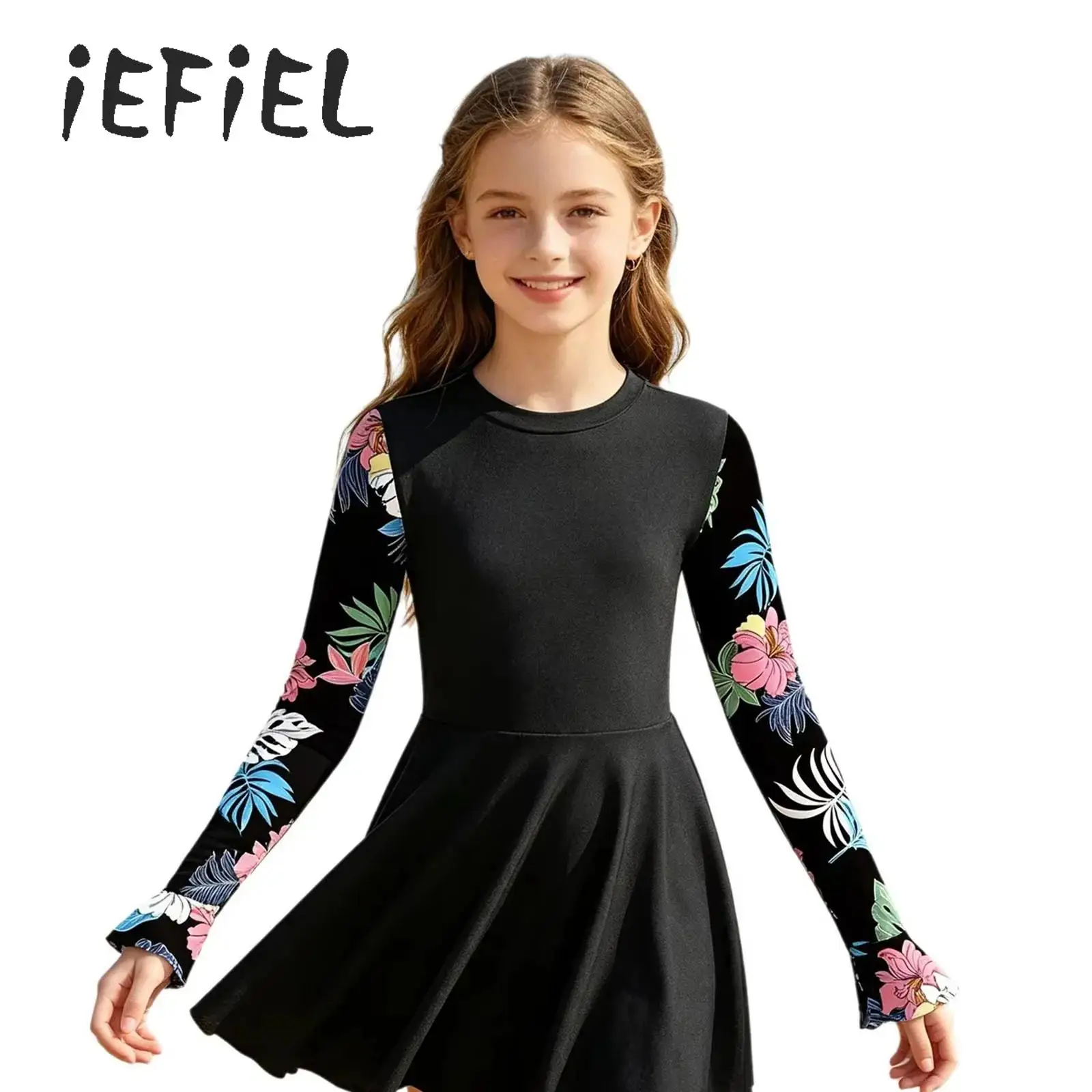 

Kids Girls Swimsuit Printed Long Sleeve One Piece Beach Dress And Shorts Quick Dry Swimwear for Ballet Swimming Bathing Suits