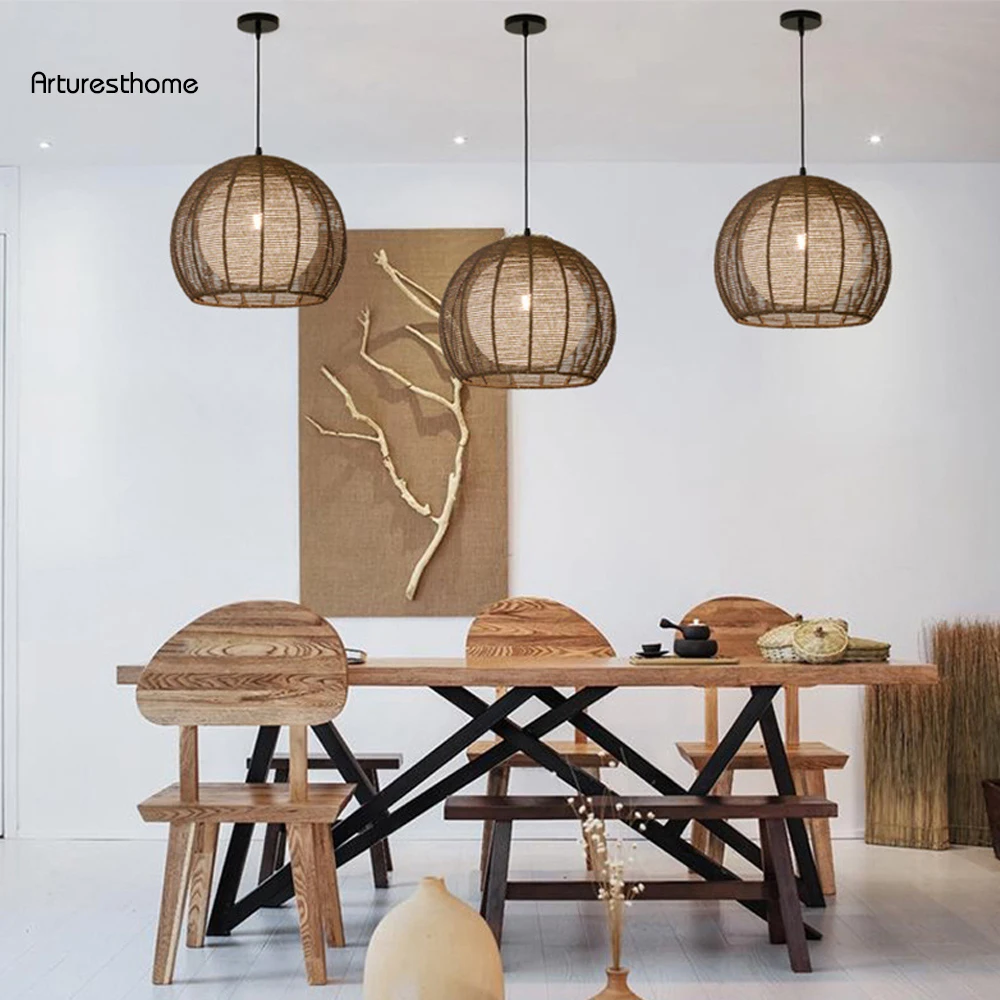 ARTURESTHOME Nordic Vintage Farmhouse Chandeliers Hand-woven Rope Pendant Lamp Japanese Style Dining Room Rattan Chandelier