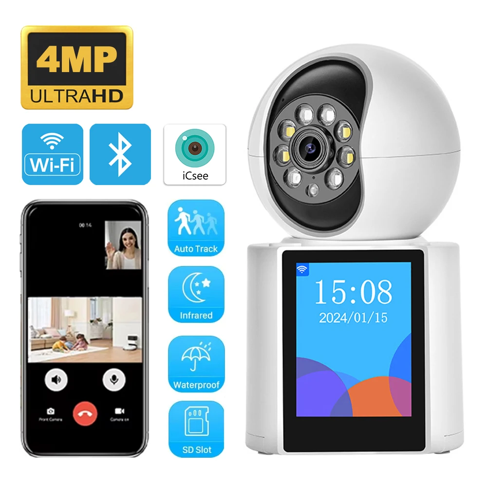 4MP WIFI Indoor Camera One-Click Talk 355° Camera Auto Tracking Camera ICSEE Video Surveillance Button Call PTZ Baby Monitor