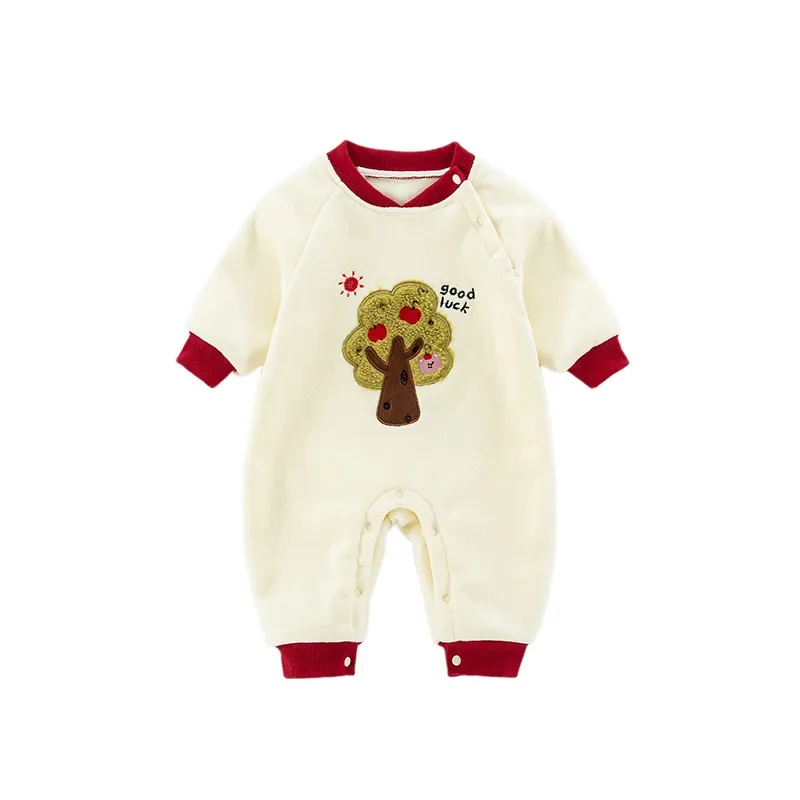 허니체리 가을 및 겨울 아기 패딩 롬퍼, 간단한 애플 트리 따뜻한 롬퍼, 신생아 아기 옷