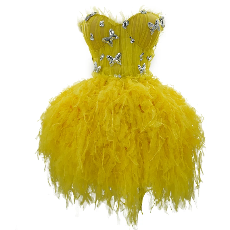 

Cute yellow Stretch Rhinestone lace dress short top and skirt suits mini DS birthday festival outfits nightclub Celebrate gown