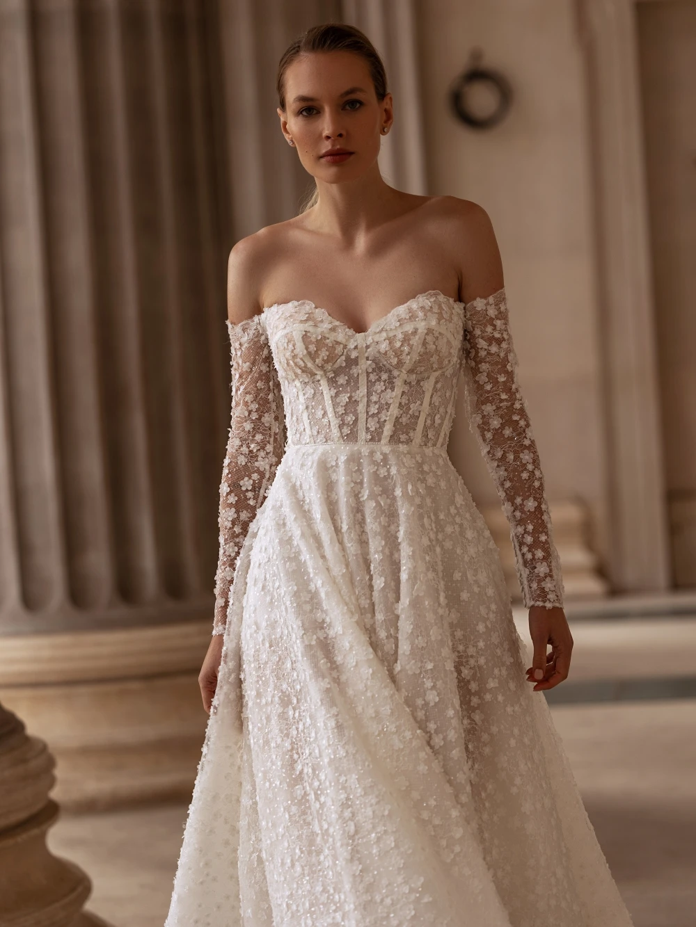 Vestido de novia largo de encaje con flores en 3D, vestido de novia romántico con escote en forma de corazón, vestidos personalizados con hombros descubiertos para novia