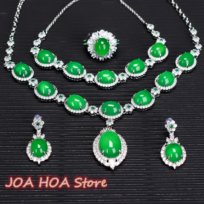 

New High-end Chalcedony Ice Seed Jade Pendant Necklace Earrings Ring Bracelet Luxury Inlaid Green Four-piece Set Fine Jewelry