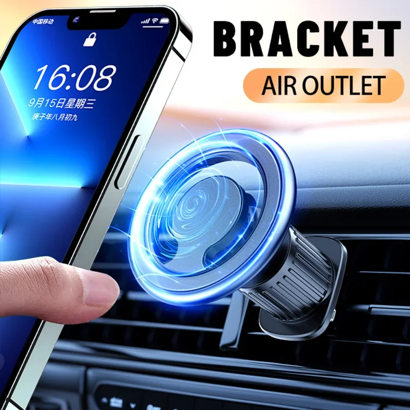 Luxury Metal Car Magnetic Phone Holder Magsafe Ring Case Dashboard Air Outlet Mount 360 Degree Rotation for iPhone 14 Samsung