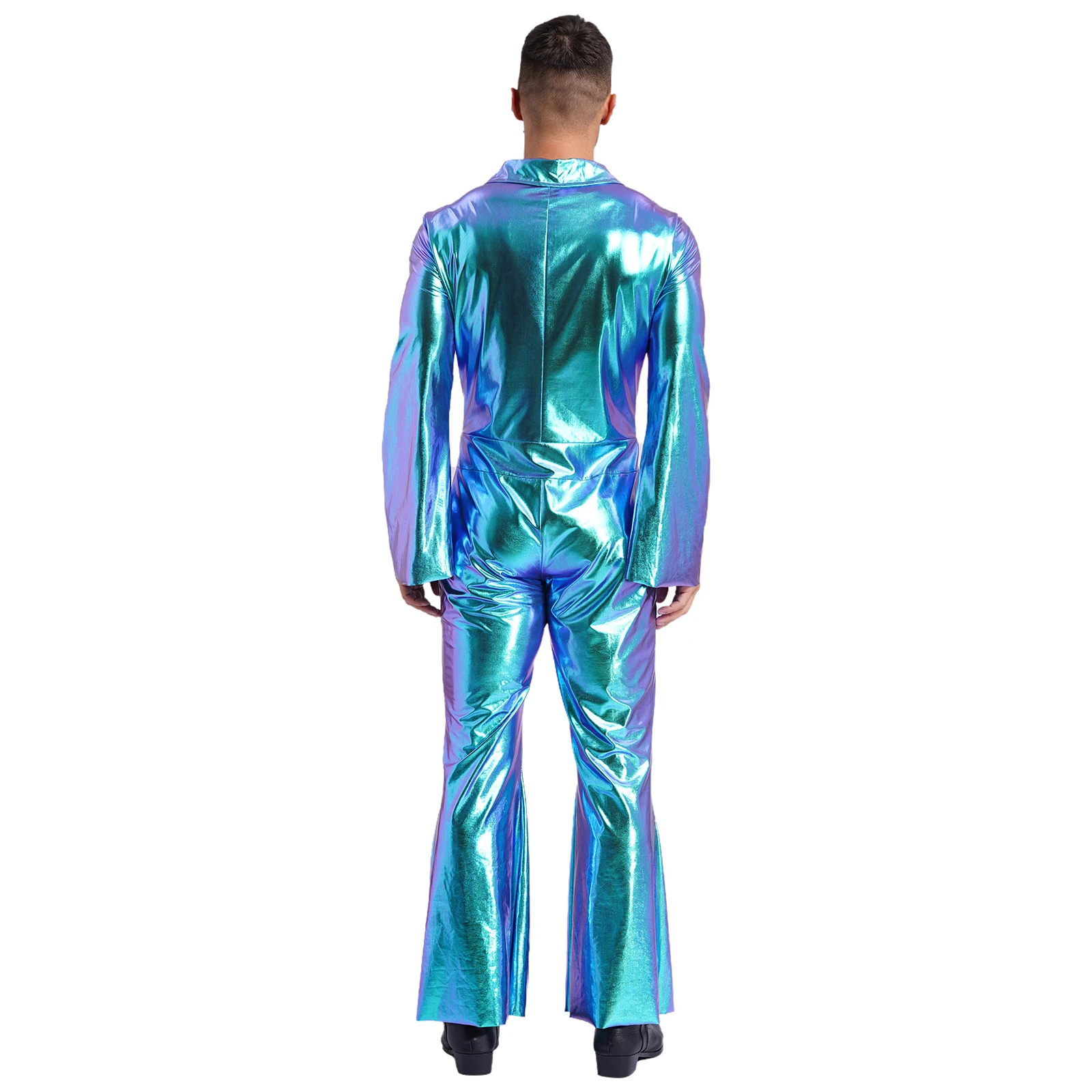 Mens Metallic Shiny Jumpsuit 70s Disco Hippies Jazz Dance Performance Costume Wide Leg Pants Rompers Vintage Clubwear Unitards