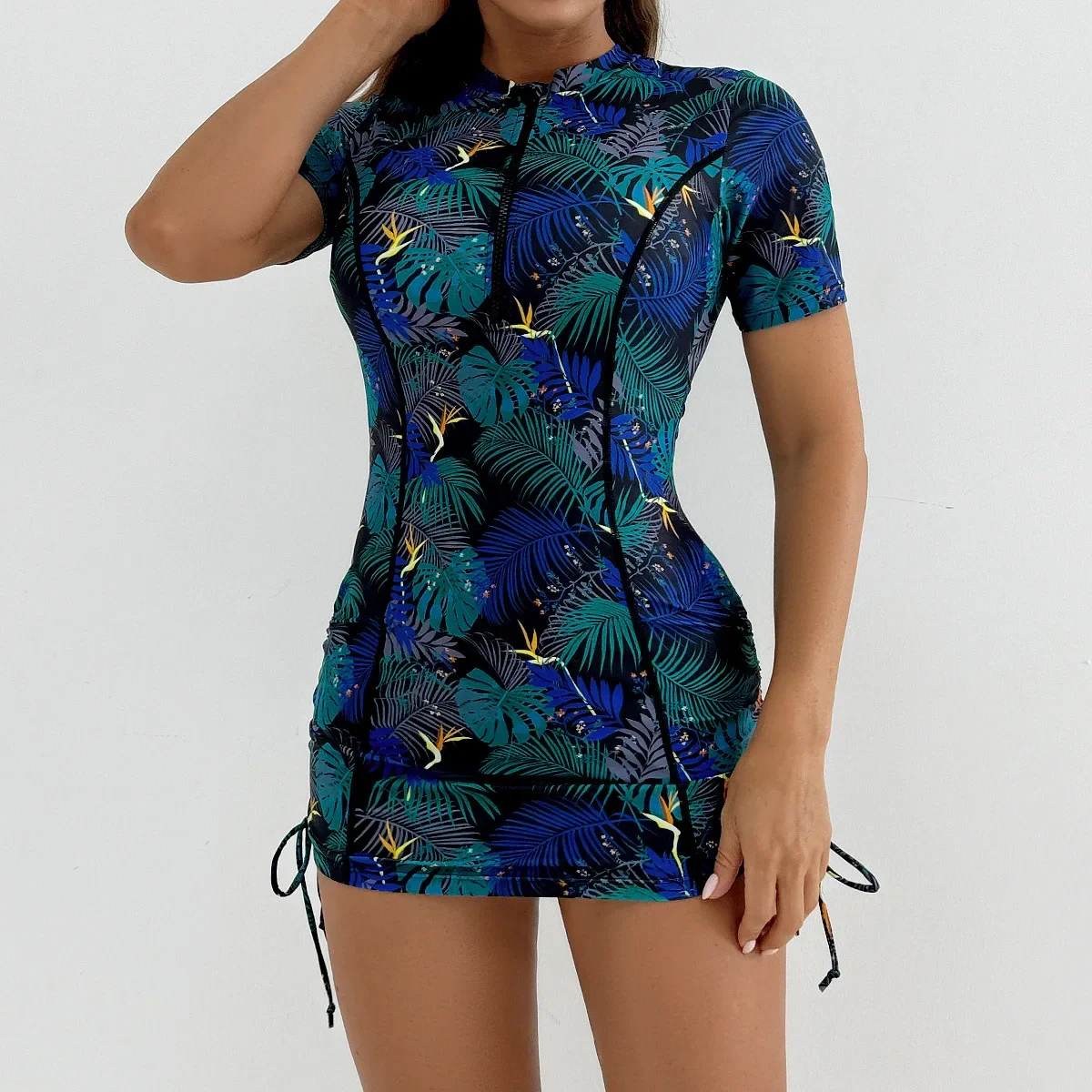 2025 New Tankini Women Swimsuit Tropical Print Two-Piece Suits Short Sleeve Swimwear Summer Dress Beachwear Female Bathing Suit
