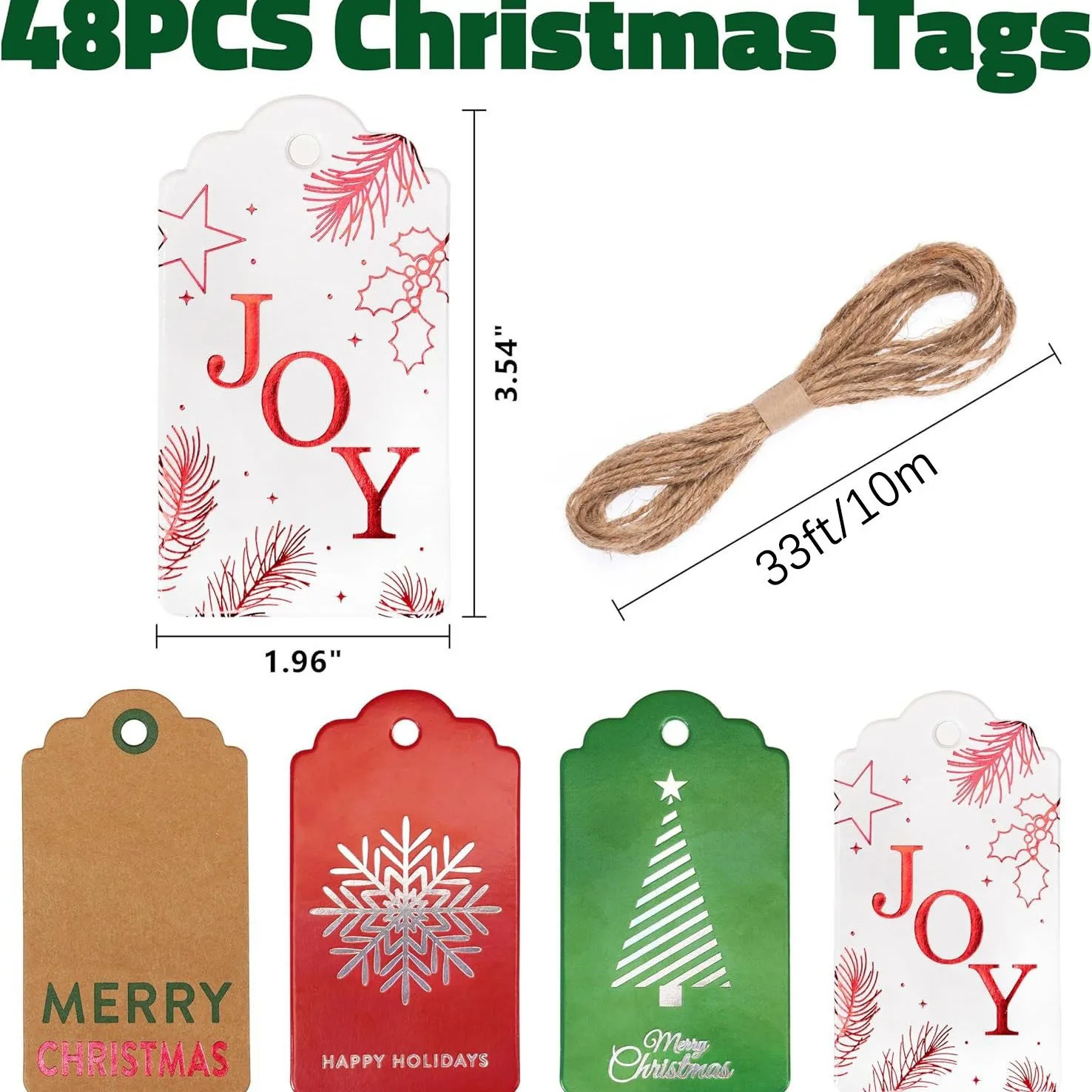 48-Pack Christmas Gift Tags Premium Paper Labels with Natural String Name Stickers Featuring Snowflake Tree Joy Motifs