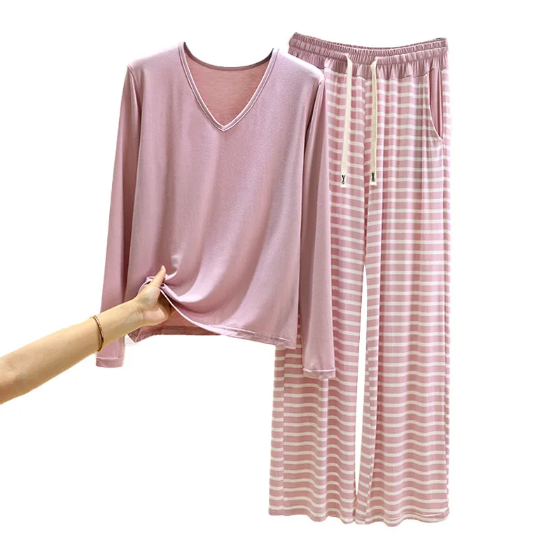 

Модальная пижама с длинным рукавом для женщин, весенне-осенняя, тонкая, в стиле футболки, для дома и улицы, больших размеров, повседневный костюм, одежда для сна