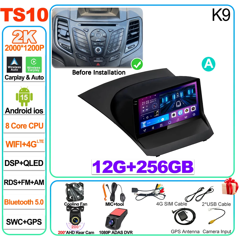 Auto radio Carplay Android 16 voor Ford Fiesta Mk 6 2009 2010 2011 2012 2013 2014 -2018 Radio Multimedia Videospeler Scherm GPS
