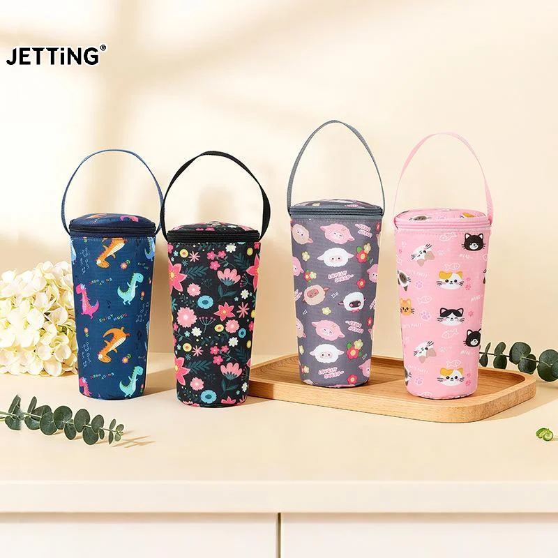 Cute Cartoon Insulated Water Bottle Carrier Bag Waterproof Fabric Portable Handle For School Travel Hiking Daily Use