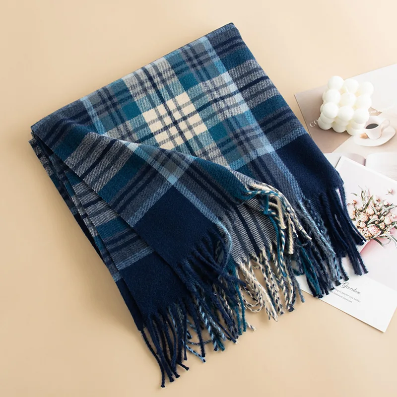 New Winter and Autumn High-end Fashionable Trend Simple Shawl Plaid Scarf Plush Imitation Cashmere Warmth and Warm Scarf