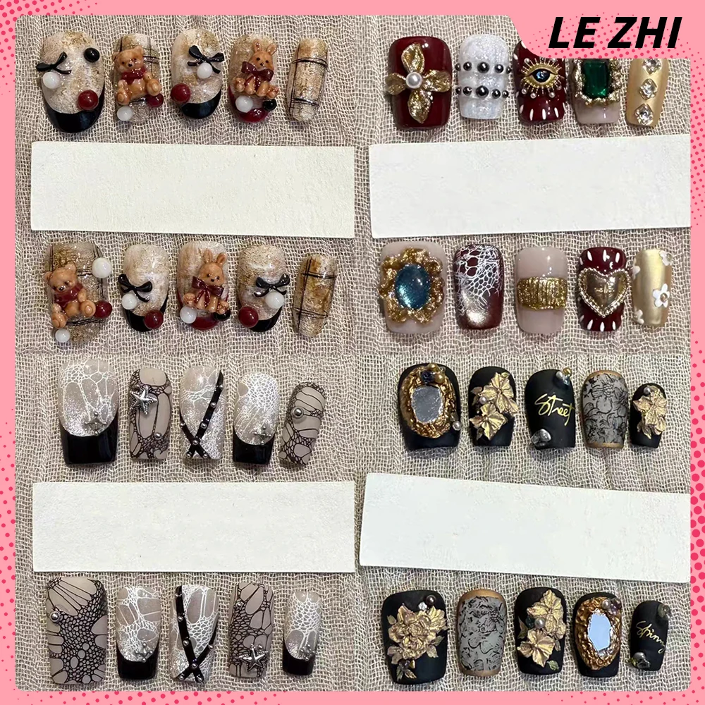 

10Pcs Vintage Cartoon Bear Rabbit Handmade Short Square Ellipse Press On Nails Golden Flower Bowknot Pearl Rhinestone Fake Nails